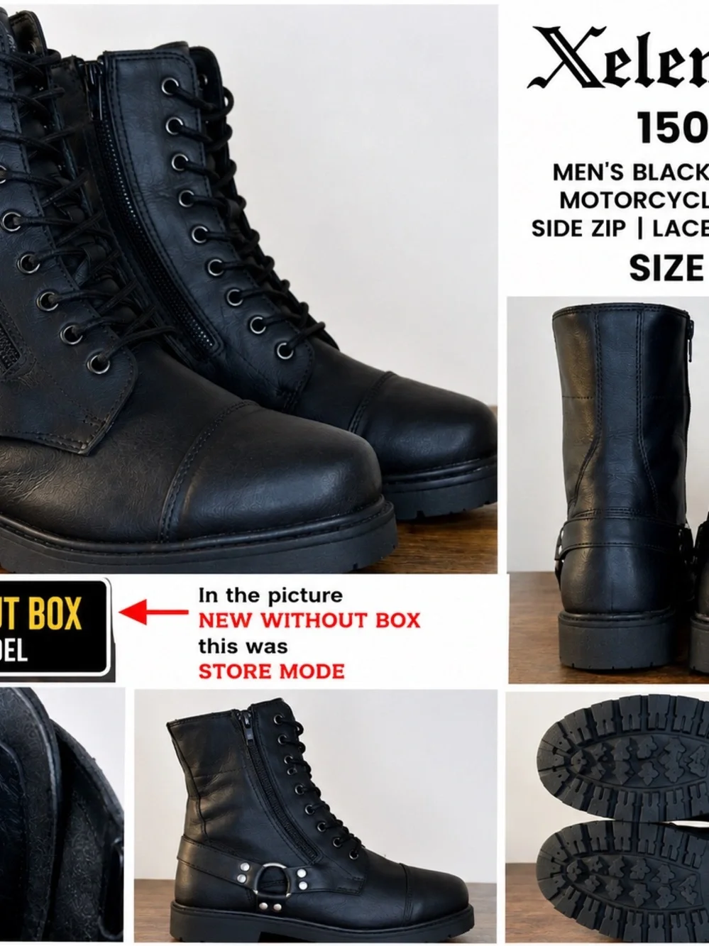 Xelement 1505 Men’s Black Leather Motorcycle Boots Side Zip Lace Up Biker Size 9